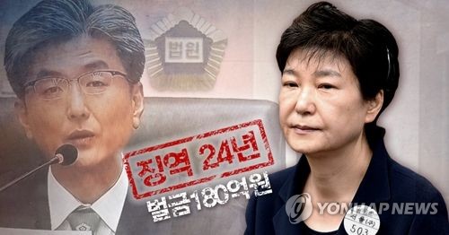 박근혜(오른쪽)전 대통령이 6일 징역 24년, 벌금 180억 원의 1심 판결을 받았다. 왼쪽은 김세윤 부장판사.