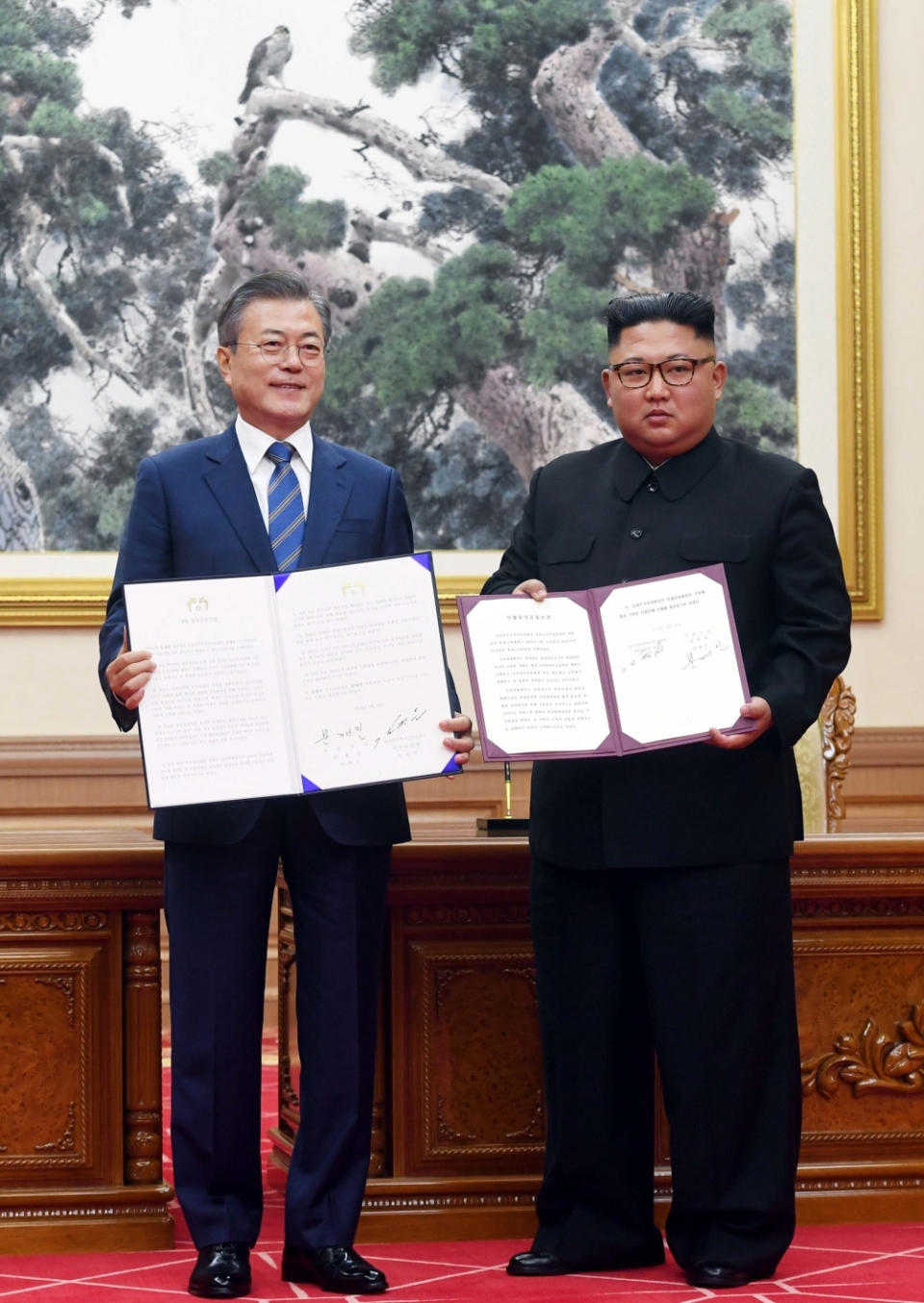 문재인 대통령과 김정은 국무위원장이 19일 오전 평양 백화원 영빈관에서 평양공동선언문에 서명한 후 합의서를 들어보이고 있다.