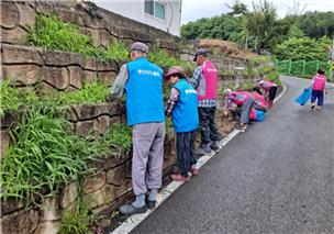 마을 안에 조성된 블럭에 잡초를 제거하고 꽃잔디와 패랭이를 식재하고 있다.