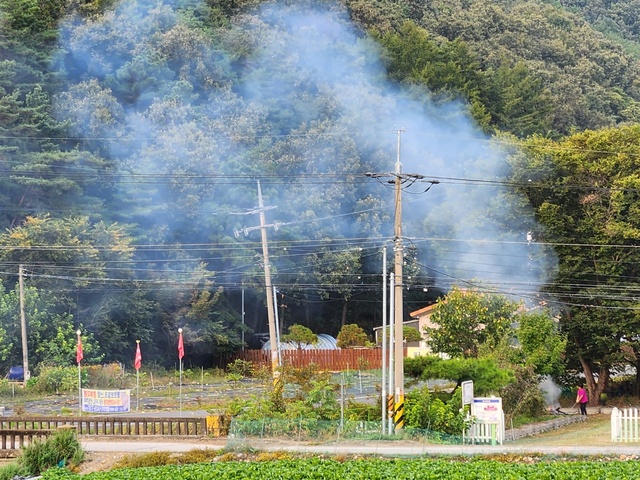  충북 괴산군 청천면의 한 농가에서 영농폐비닐과 쓰레기 등을 소각하면서 연기가 주변 밭을 뒤덮고 있다. 
