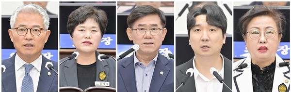 5분발언을 하고 있는 이상표 송영월 강현철 이용성 권경운 의원(왼쪽부터).