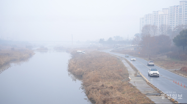 6일 청주 무심천변에 짙은 안개가 껴 가시거리가 확보되지 않은 출근 차량들이 서행하고 있다.[사진=손상훈 기자]