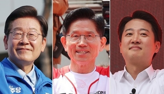 지난 26일 남양주 유세 나선 이재명 후보(왼쪽부터), 평택 K-55미군기지 정문 앞에서 유세하는 김문수 후보, 24일 수원역 로데오거리에서 유세하는 이준석 후보.