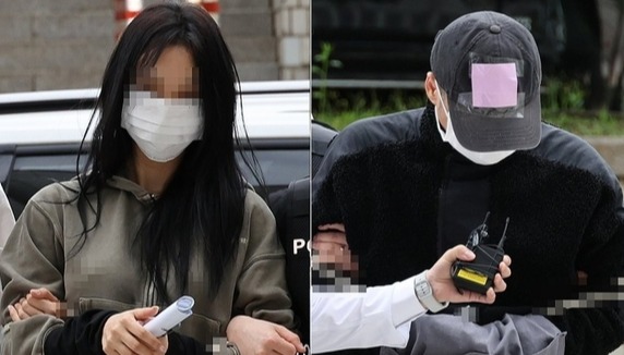 축구 국가대표팀 주장 손흥민의 아이를 임신했다고 주장하며 손씨에게 돈을 뜯어내려 한 20대 여성 양모씨(왼쪽)와 40대 남성 용모씨가  지난 달 17일 영장실질심사를 받기 위해 서울중앙지법에 들어서고 있다.