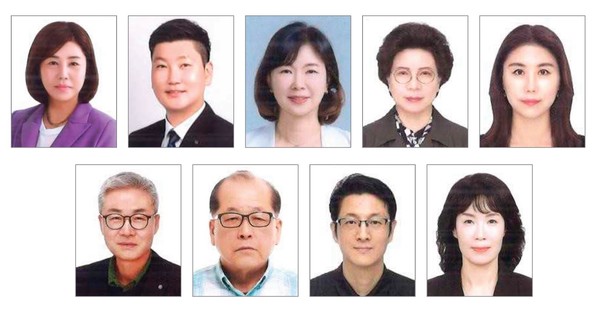 (왼쪽첫번째부터)김은주 충북도회장, 김남훈 청주 상당구지회장, 구민정 청주 흥덕구지회장, 구영희 청주 서원구지회장, 김설아 청주 청원구지회장,  장재희 충주시지회장, 김명환 제천시지회장, 신동진 괴산군지회장, 김검지 음성군지회장