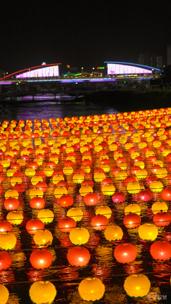 ▲ ‘2025 무심천 직지유등문화제’가 오는 20일 오후 6시 무심천 체육공원에서 열린다. 사진은 지난해 무심천에 뜬 유등 모습.