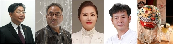 ▲부문별 수상자들 (왼쪽부터)△공예부문 김기종 도예가 △미술부문 장백순 조각가 △음악부문 서일도 국악인 △사진부문 우기곤 사진작가 △연극·무용부문 극단 꼭두광대
