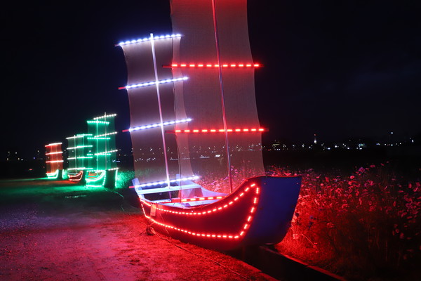황포돛배가 한밤의 백마강 둔치를 지키고 있다. 형형색색 조화로운 불빛이 야간 풍경을 멋지게 연출한다. [사진 도복희 기자]