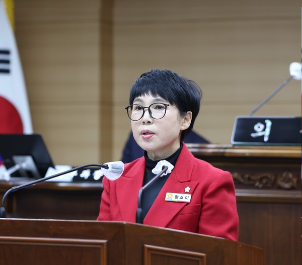 부여군의회 장소미 의원이 297회 부여군의회 정례회 1차 본회의에서 5분 자유발언을 하고 있다.
